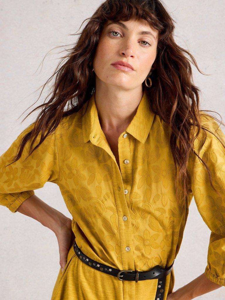 Rua Embroidered Collared Jersey Dress in MID CHART - MODEL DETAIL