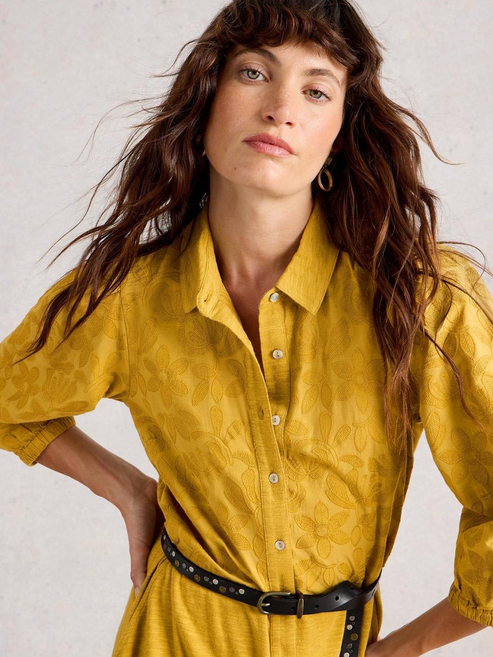 Rua Embroidered Collared Jersey Dress in MID CHART - MODEL DETAIL