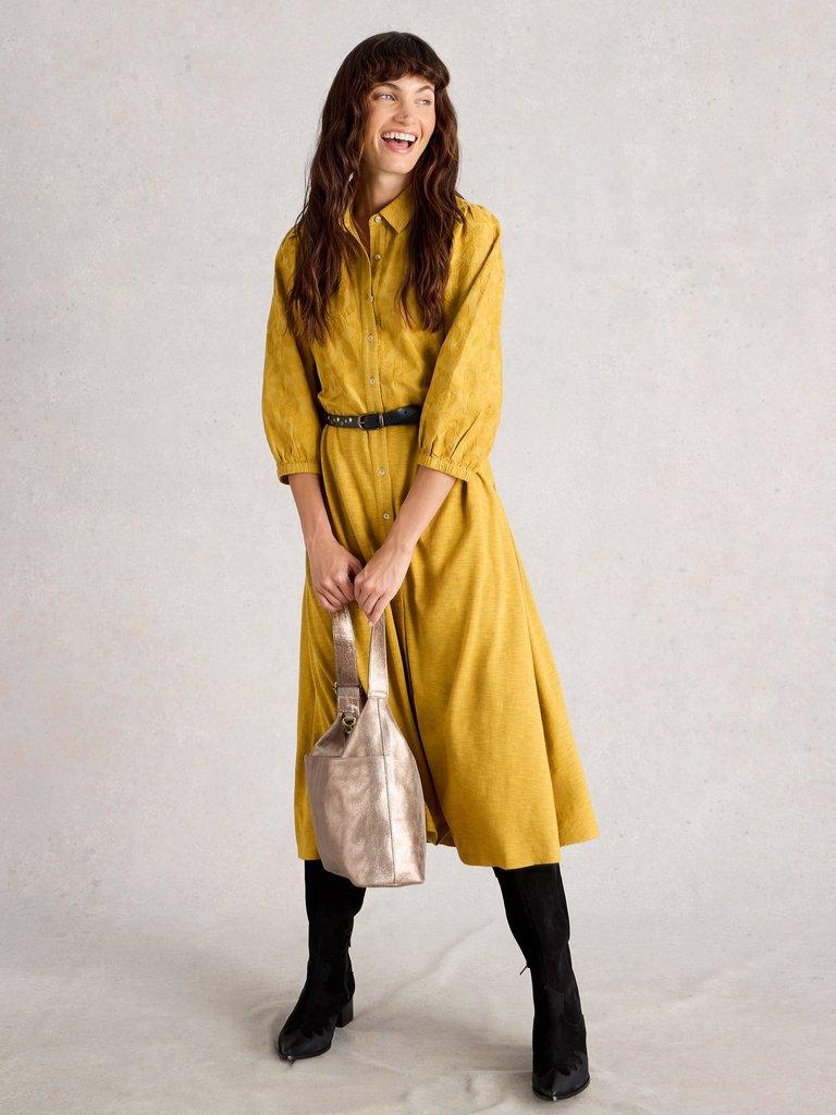 Rua Embroidered Collared Jersey Dress in MID CHART - MODEL FRONT