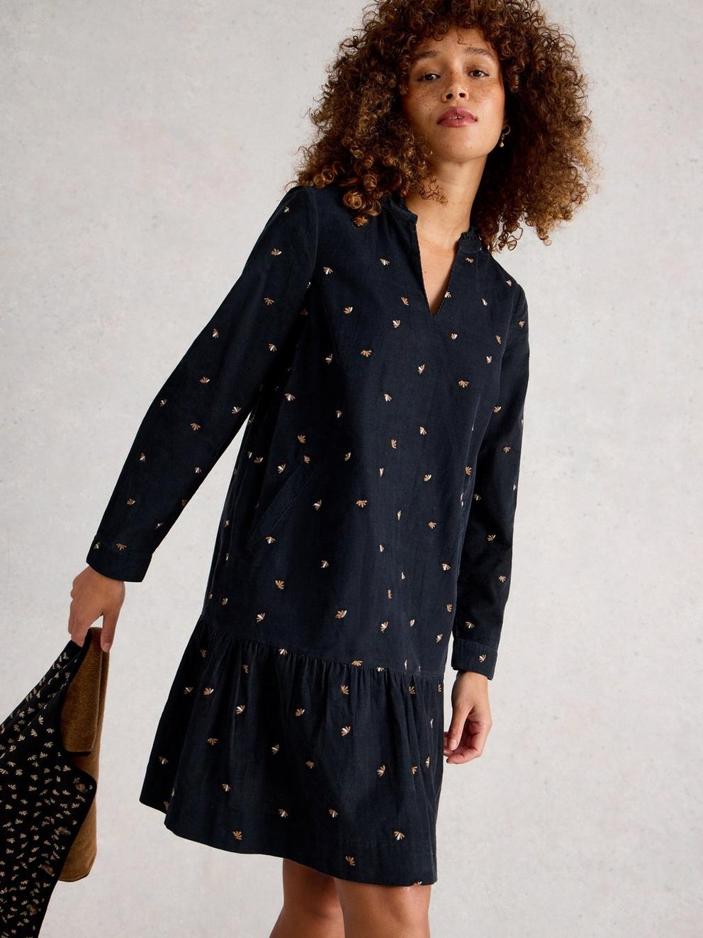 Daria Cord Embroidered Dress  in BLK MLT - LIFESTYLE