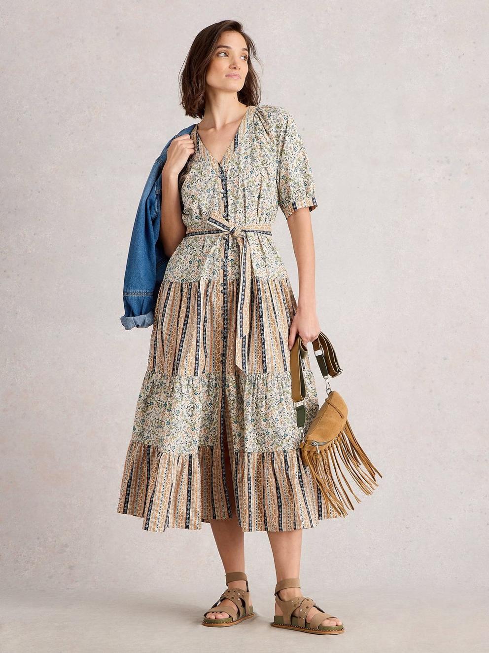 Clementine Midi Dress in IVORY MLT - MODEL FRONT