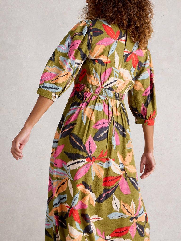 Lucy V Neck Midi Dress in GREEN MLT - MODEL BACK