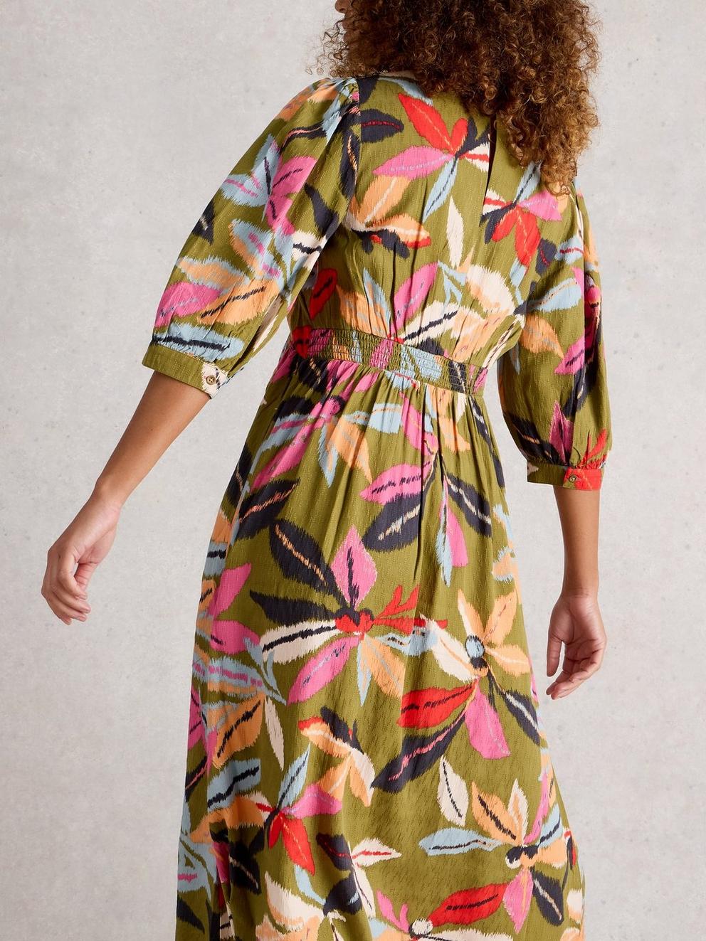 Lucy V Neck Midi Dress in GREEN MLT - MODEL BACK