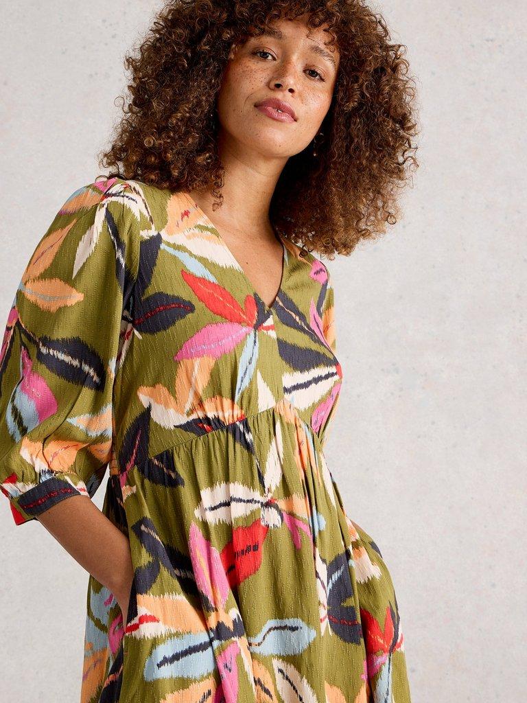 Lucy V Neck Midi Dress in GREEN MLT - MODEL DETAIL