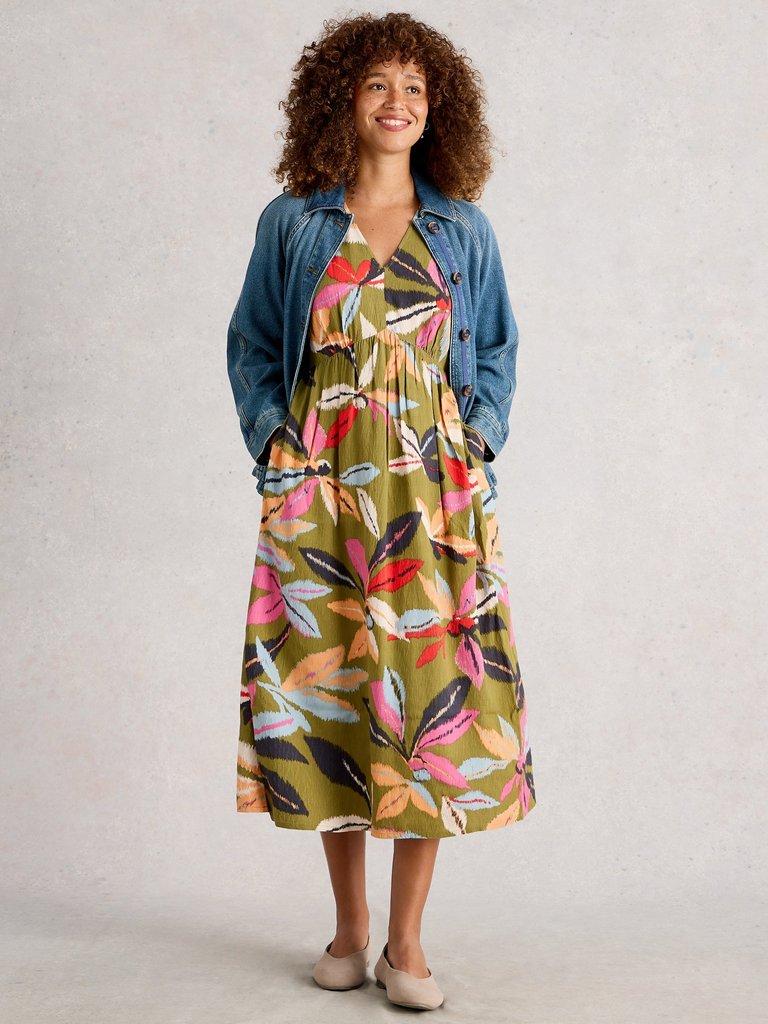 Lucy V Neck Midi Dress in GREEN MLT - MODEL FRONT