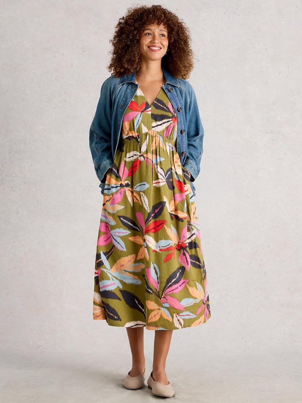 Lucy V Neck Midi Dress in GREEN MLT - MODEL FRONT