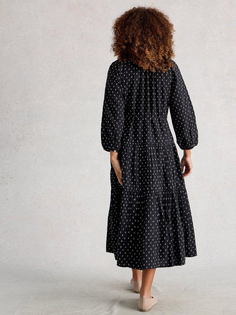 Gina Midi Dress in BLK MLT - MODEL BACK