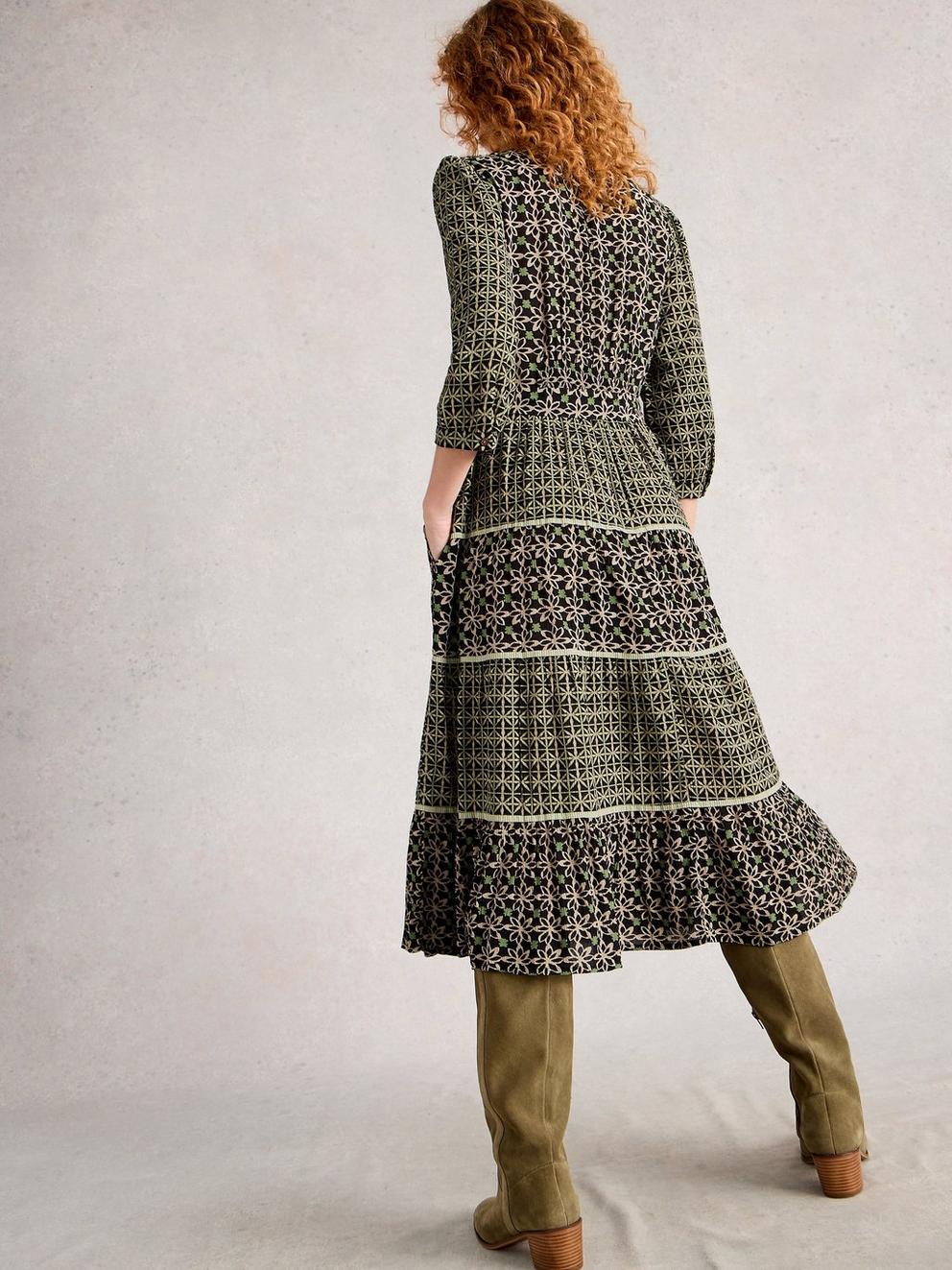 Mabel Mixed Printed Midi Dress in BLK MLT - MODEL BACK