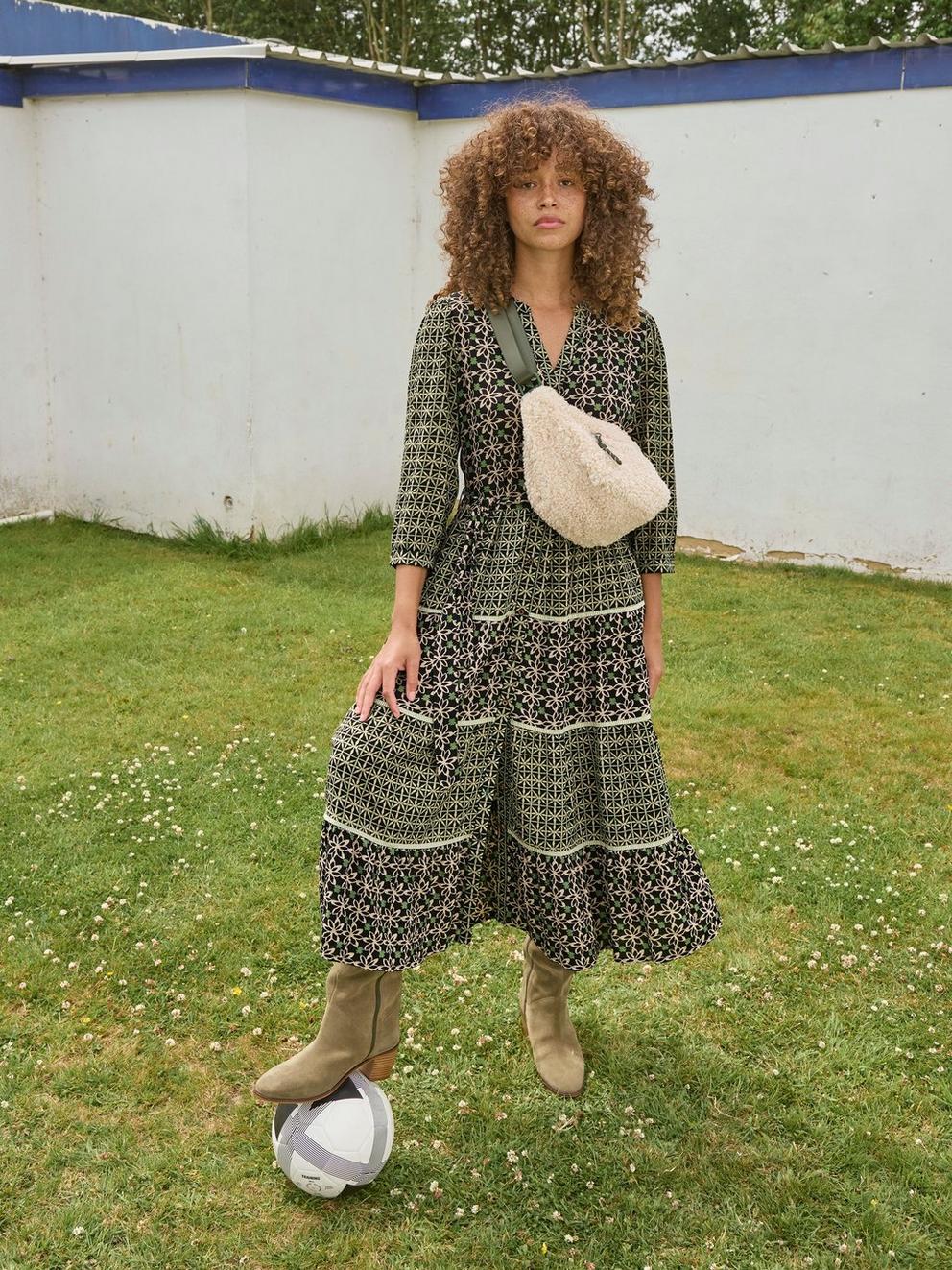 Mabel Mixed Printed Midi Dress in BLK MLT - MIXED