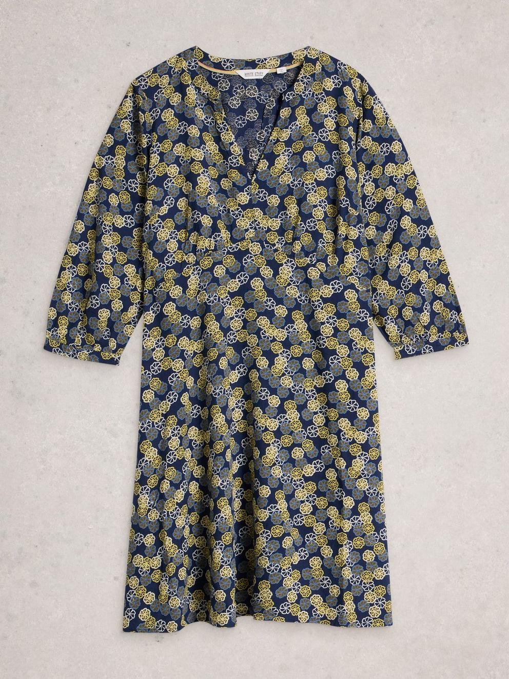 Frances Notch Neck Dress in NAVY MULTI - FLAT FRONT