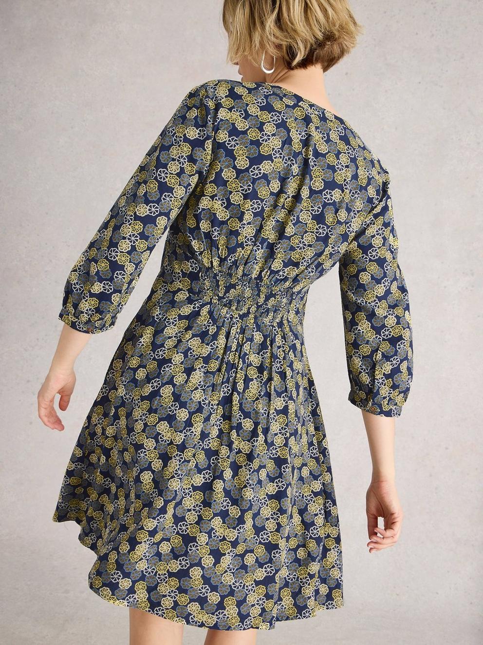 Frances Notch Neck Dress in NAVY MULTI - MODEL BACK