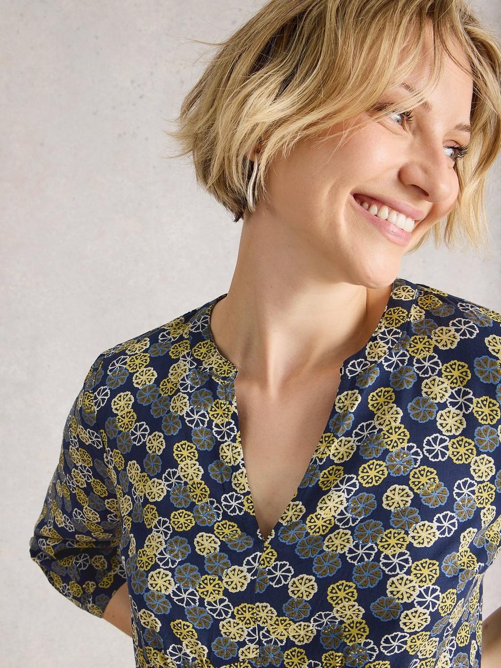 Frances Notch Neck Dress in NAVY MULTI - MODEL DETAIL