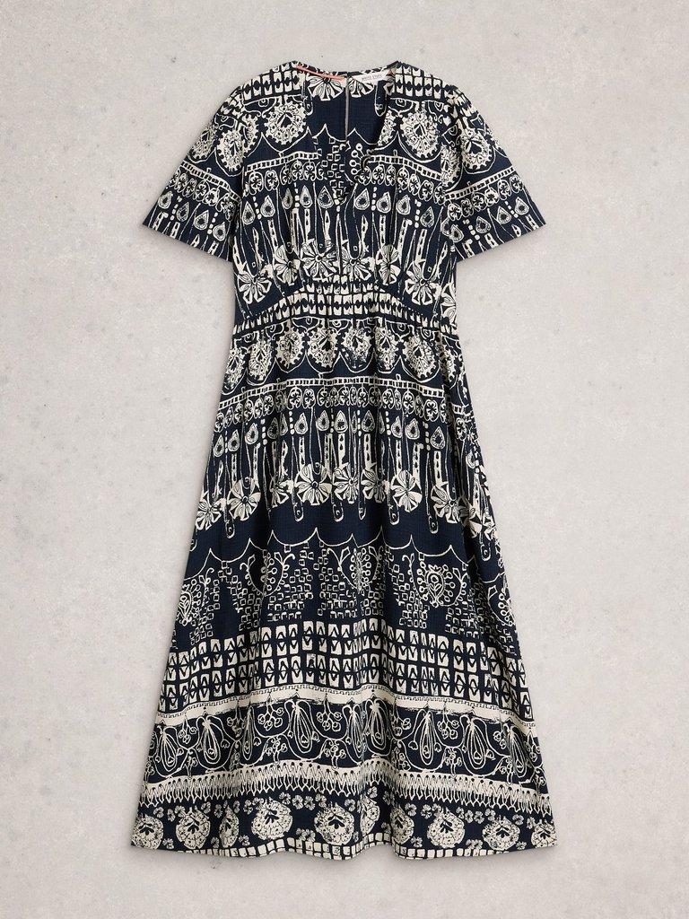 Lucy Short Sleeve V Neck Midi Dress in NAVY PR - FLAT FRONT