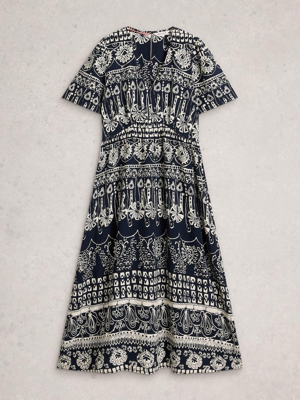 Lucy Short Sleeve V Neck Midi Dress in NAVY PR - FLAT FRONT