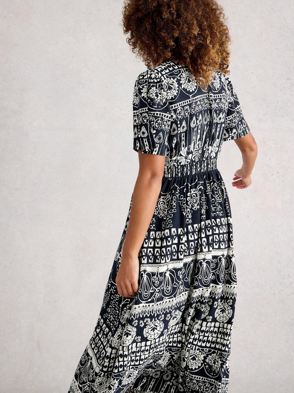 Lucy Short Sleeve V Neck Midi Dress in NAVY PR - MODEL BACK
