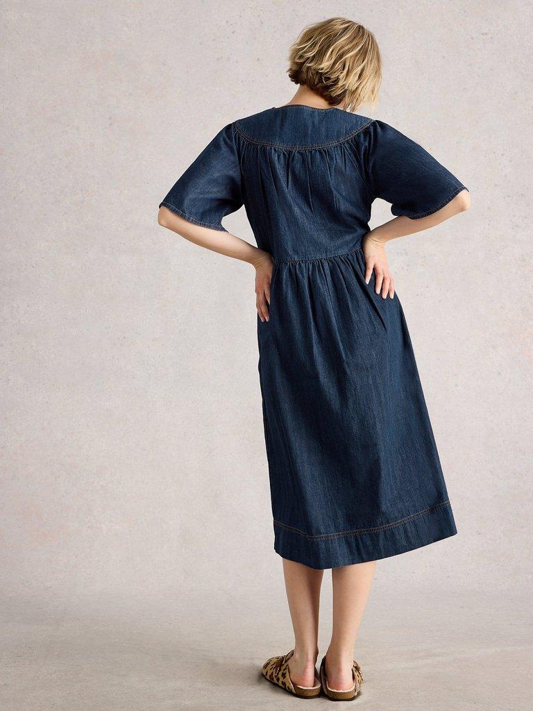 Leo Denim Dress in DK DENIM - MODEL BACK