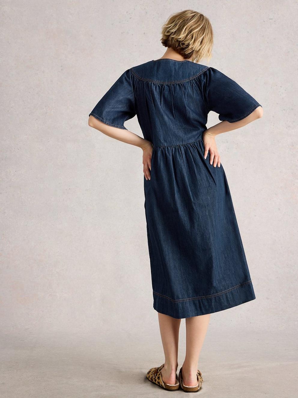 Leo Denim Dress in DK DENIM - MODEL BACK