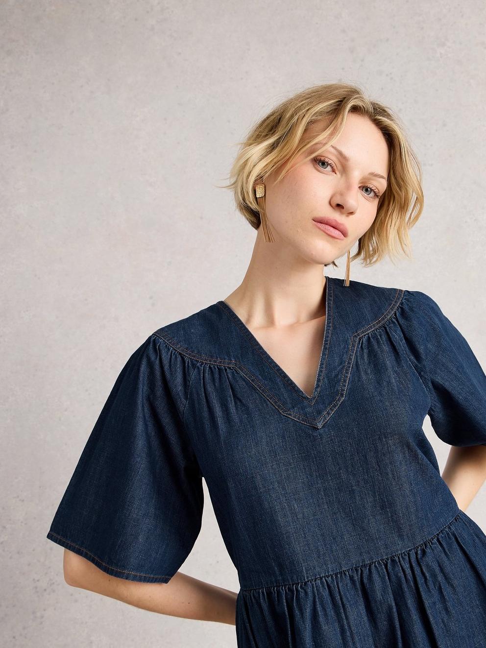 Leo Denim Dress in DK DENIM - MODEL DETAIL