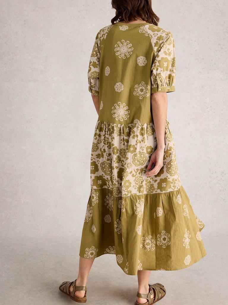 Eva Mixed Print Dress in GREEN PR - MODEL BACK