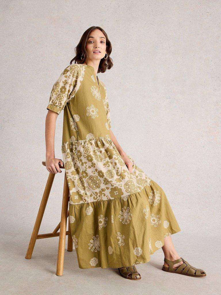 Eva Mixed Print Dress in GREEN PR - MODEL DETAIL