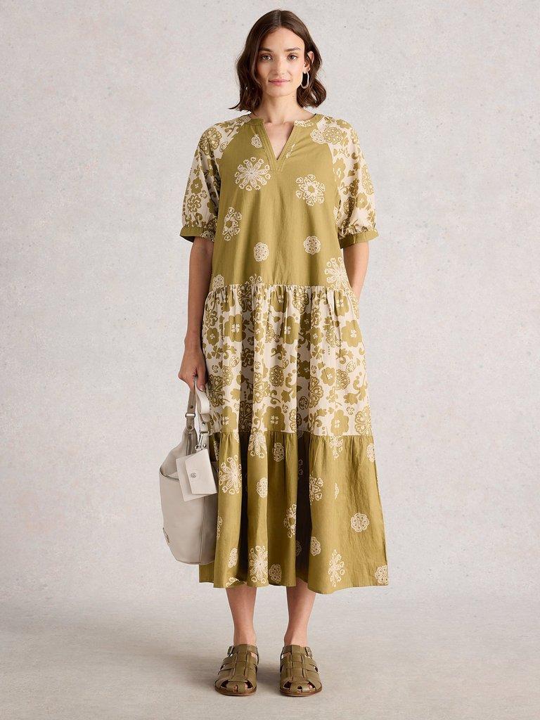 Eva Mixed Print Dress in GREEN PR - MODEL FRONT