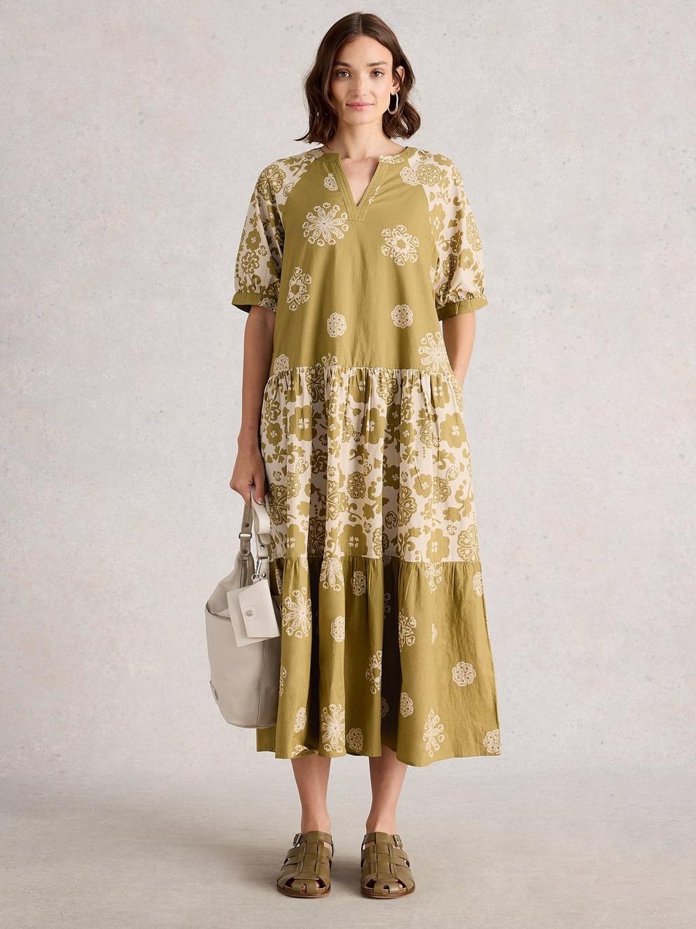 Eva Mixed Print Dress in GREEN PR - MODEL FRONT