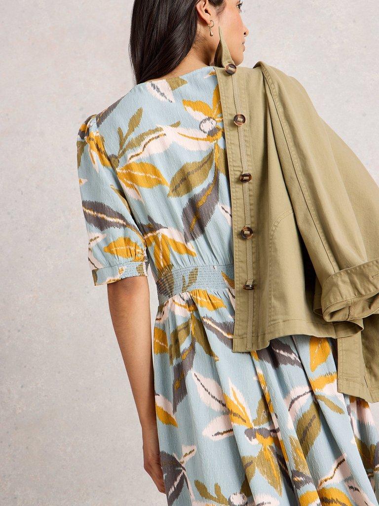 Hazel Bias Cut V Neck Dress in BLUE MLT - MODEL BACK