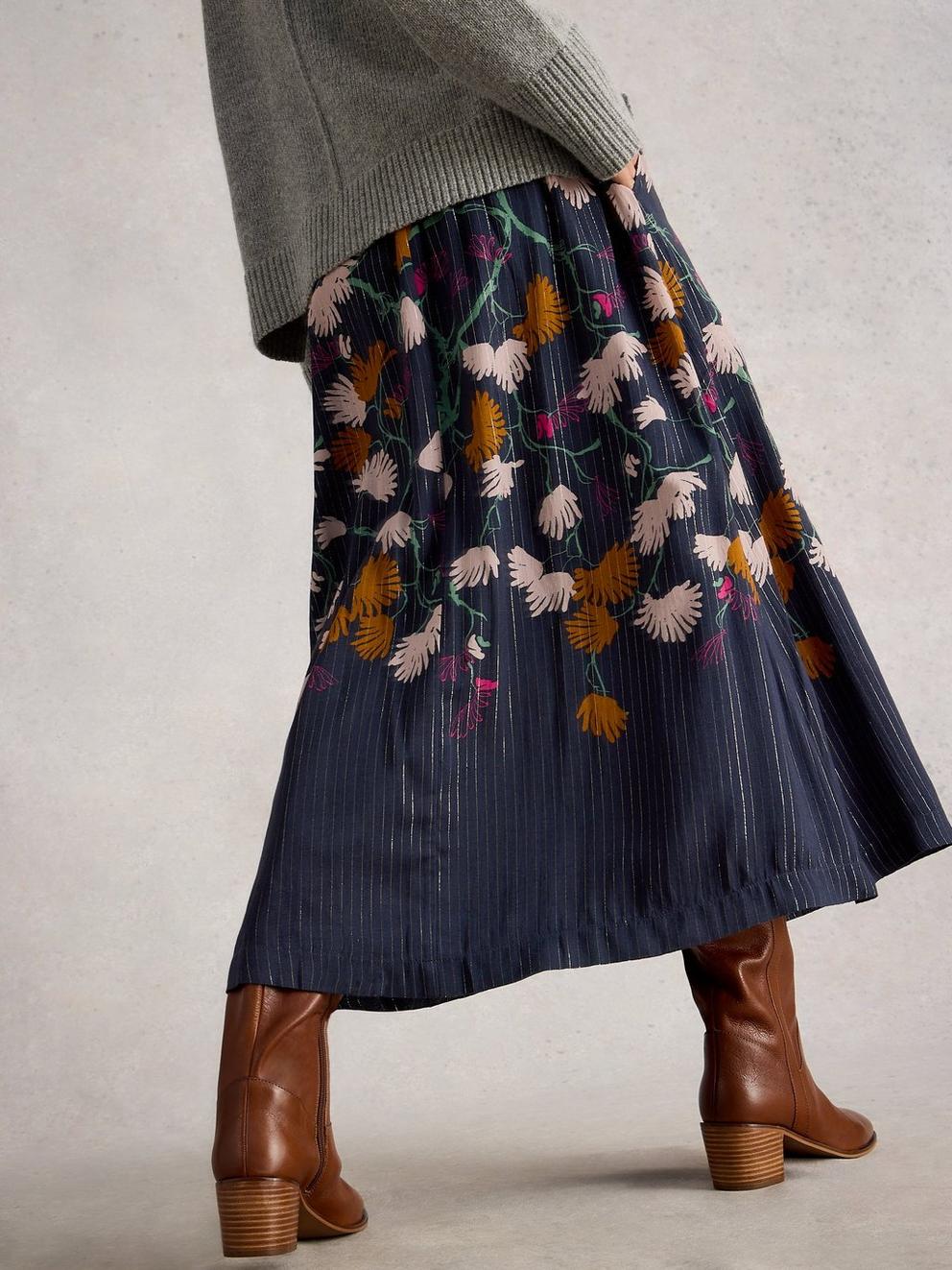 Yuki Metallic Midi Skirt in NAVY MULTI - MODEL BACK
