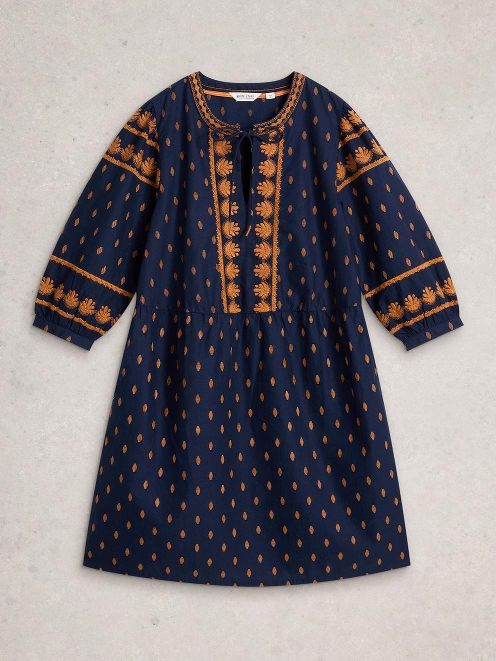 Lila Embroidered Dress in NAVY MULTI - FLAT FRONT