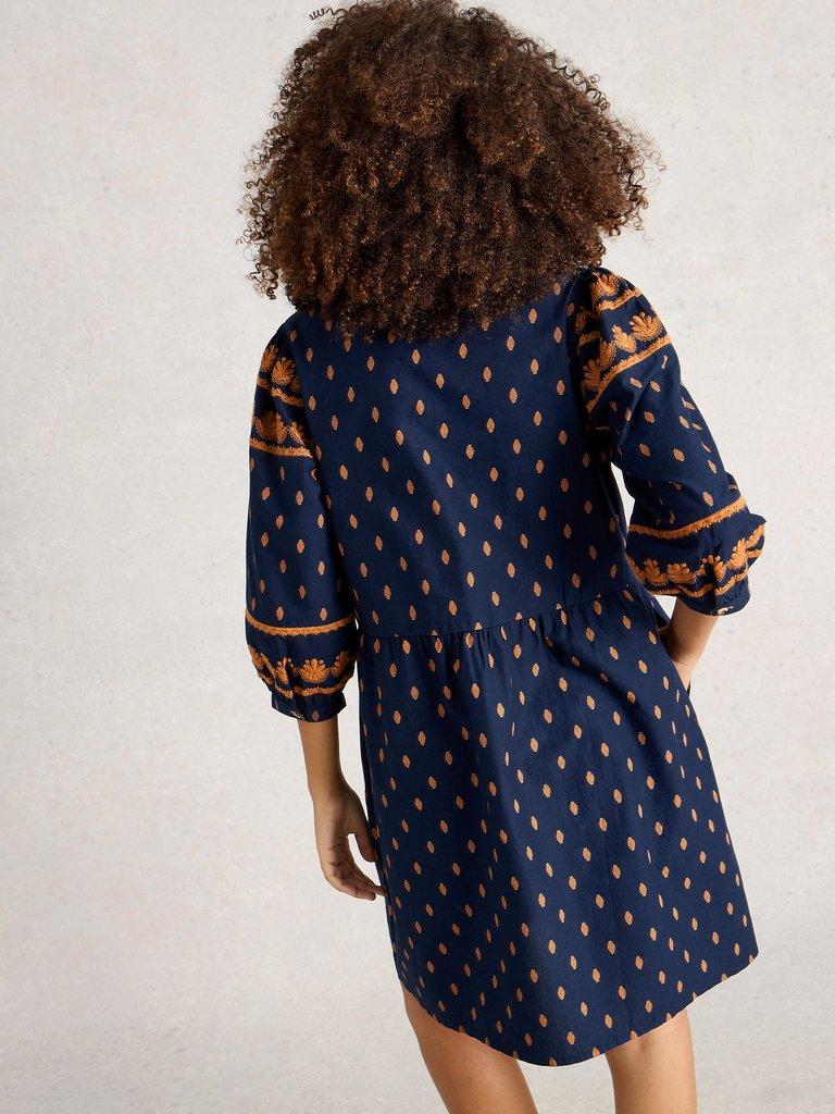 Lila Embroidered Dress in NAVY MULTI - MODEL BACK