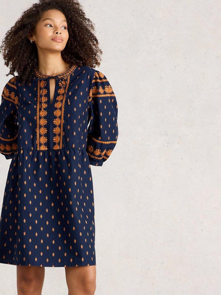 Lila Embroidered Dress in NAVY MULTI - MODEL DETAIL