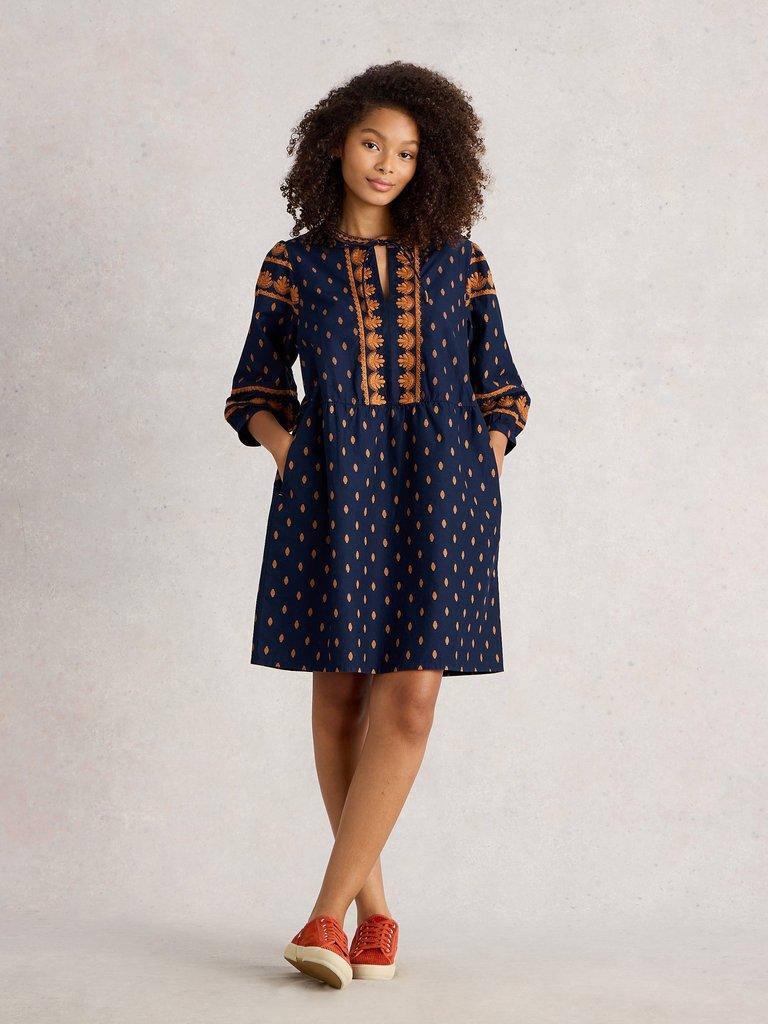 Lila Embroidered Dress in NAVY MULTI - MODEL FRONT