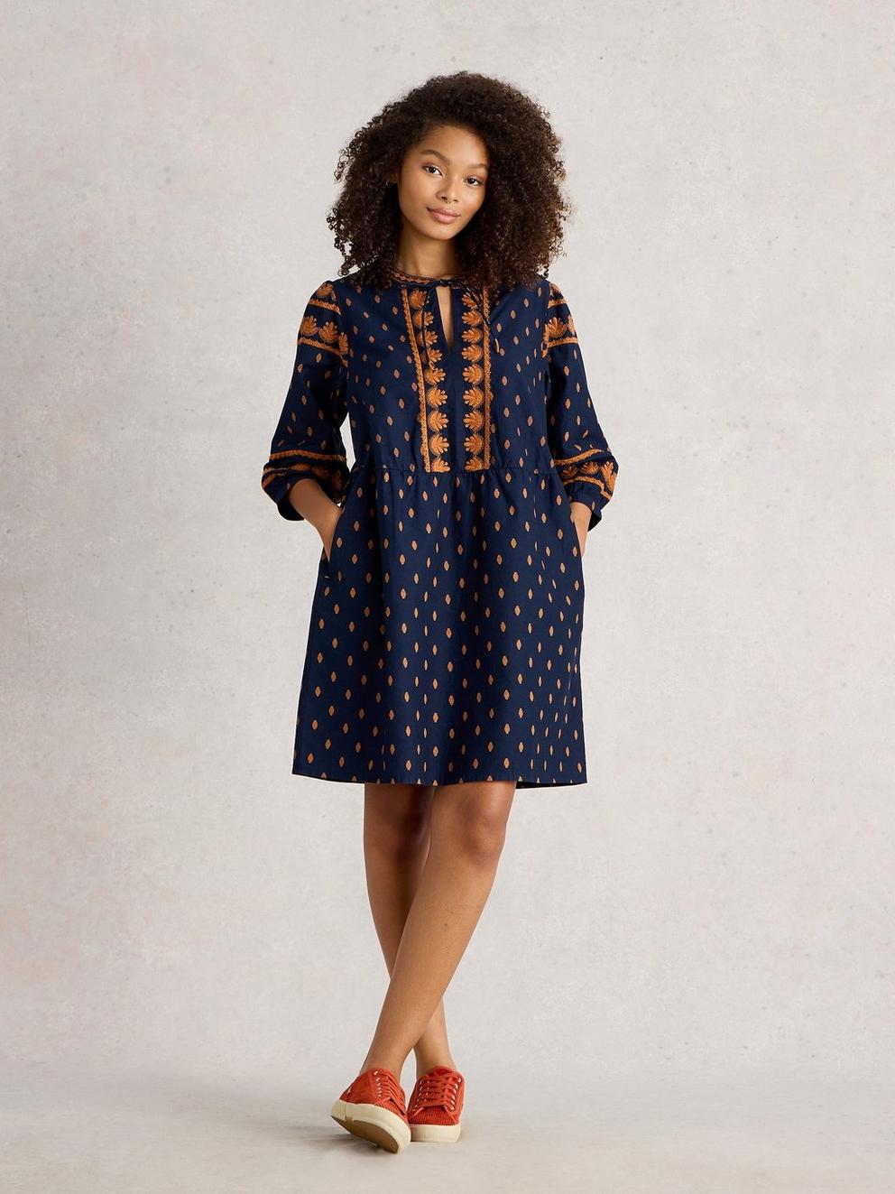 Lila Embroidered Dress in NAVY MULTI - MODEL FRONT