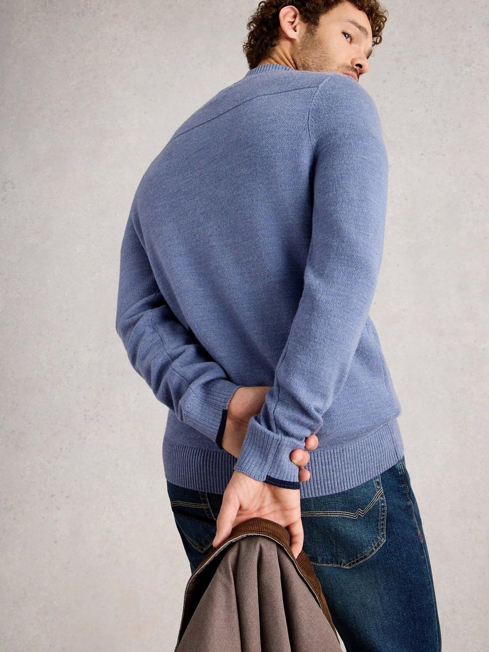 Newport Merino Long Sleeve Funnel in CHAMB BLUE - MODEL BACK