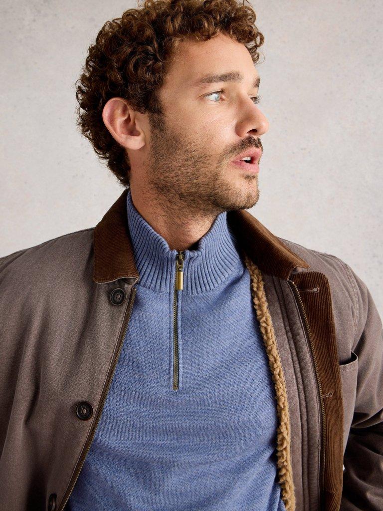 Newport Merino Long Sleeve Funnel in CHAMB BLUE - MODEL DETAIL