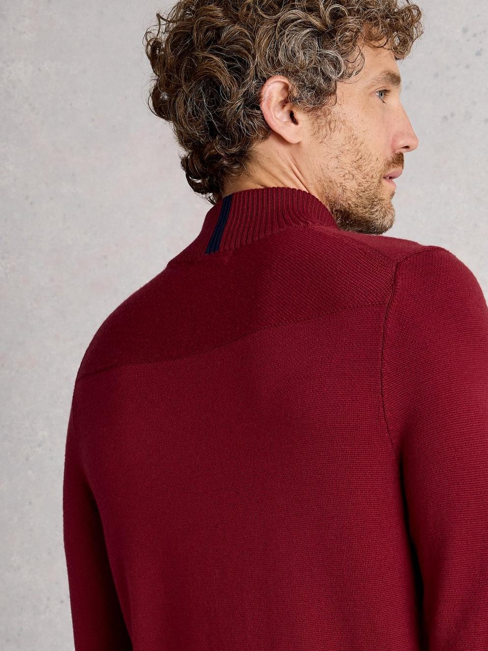 Newport Merino Long Sleeve Funnel in DEEP RED - MODEL BACK