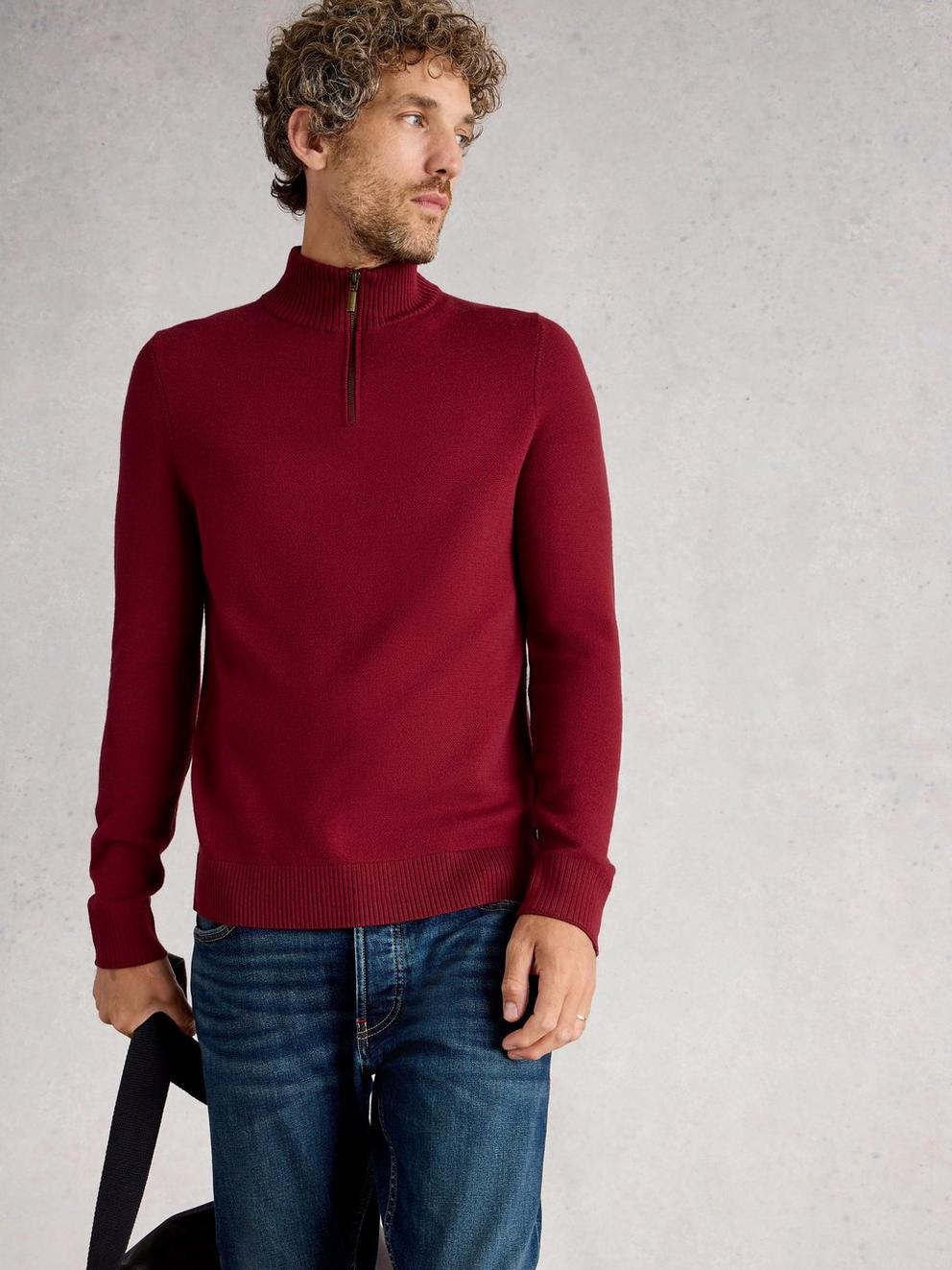 Newport Merino Long Sleeve Funnel in DEEP RED - MODEL DETAIL