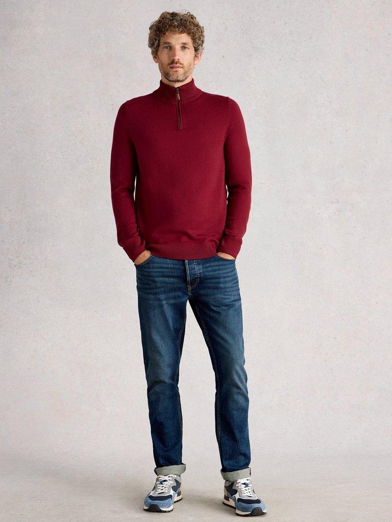 Newport Merino Long Sleeve Funnel in DEEP RED - MODEL FRONT