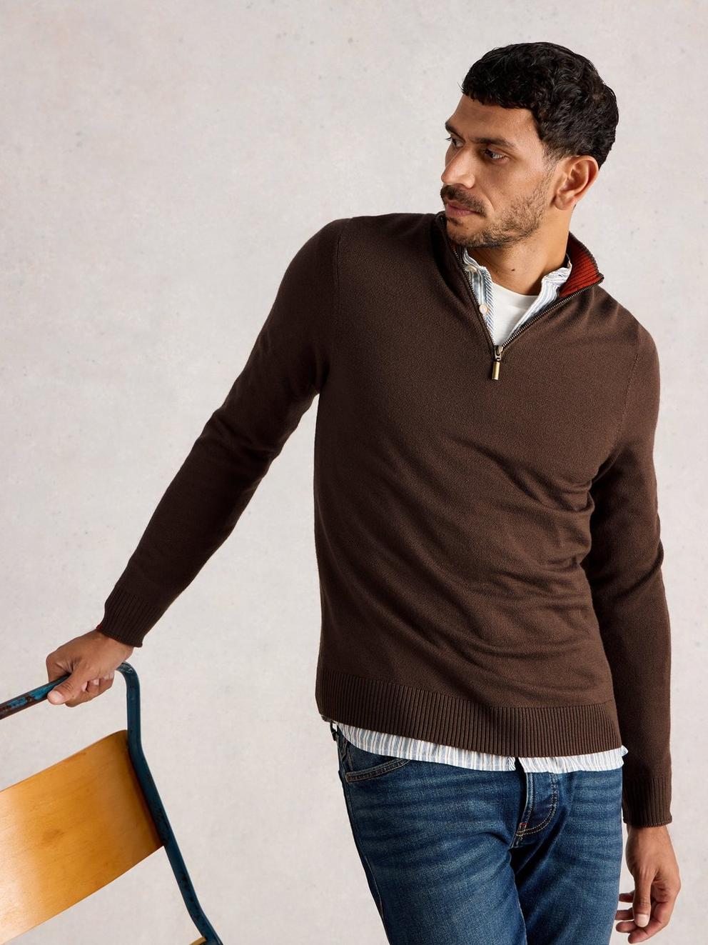 Newport Merino Long Sleeve Funnel in MID BROWN - MODEL DETAIL