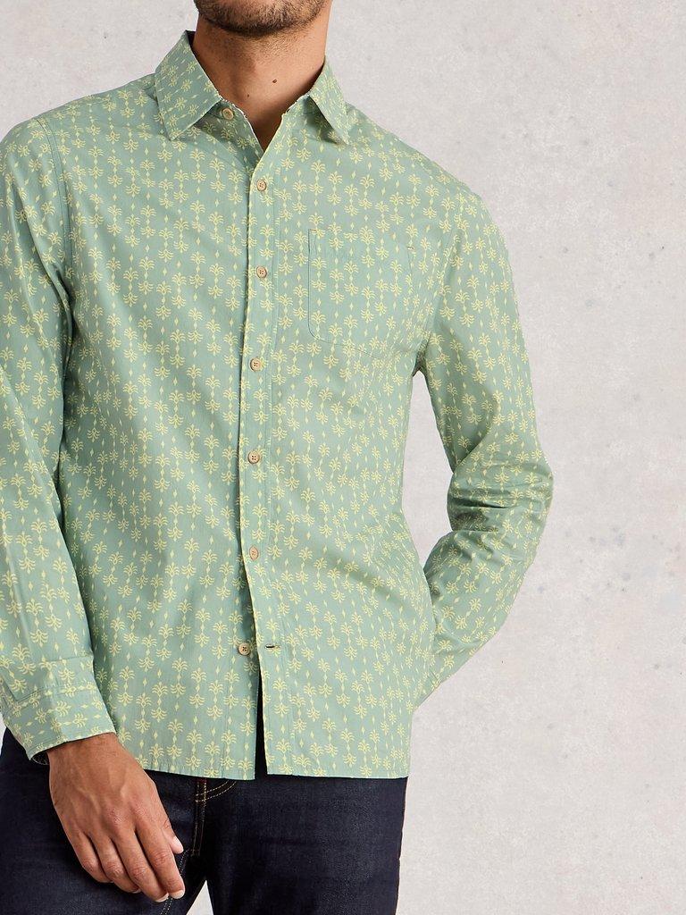 Finsbury Batik Print Shirt in DUS GREEN - MODEL DETAIL