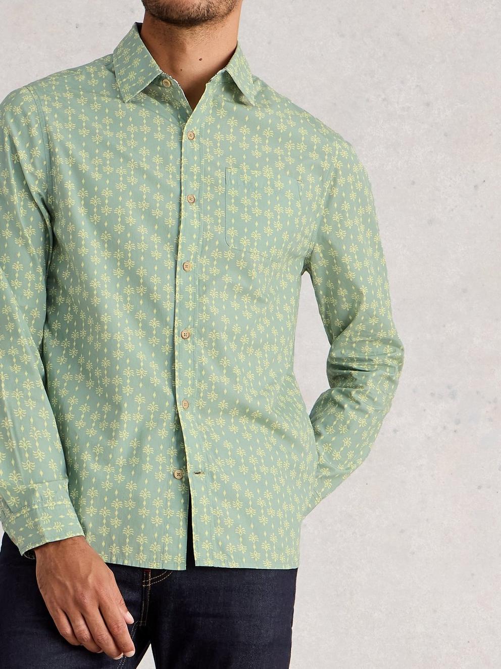 Finsbury Batik Print Shirt in DUS GREEN - MODEL DETAIL