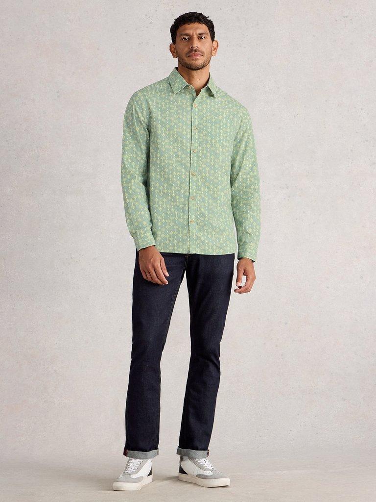 Finsbury Batik Print Shirt in DUS GREEN - MODEL FRONT