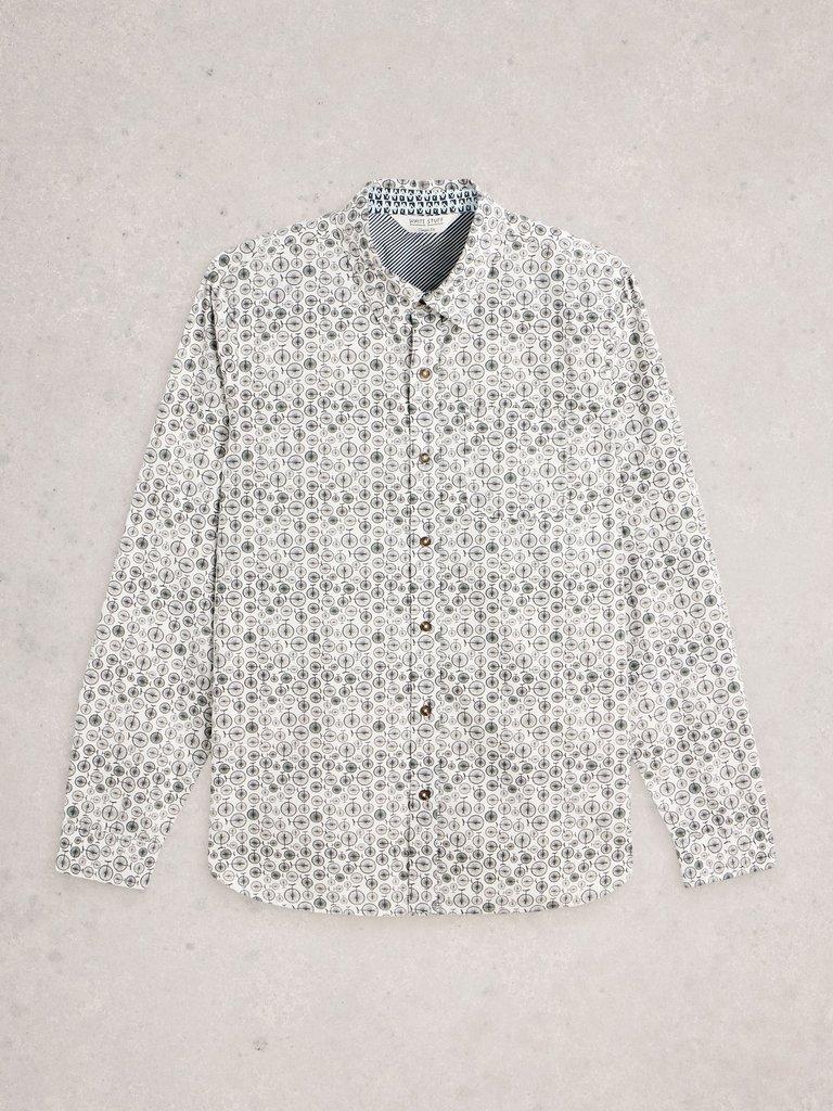 Finsbury Mono Bike Print Shirt in WHITE PR - FLAT FRONT
