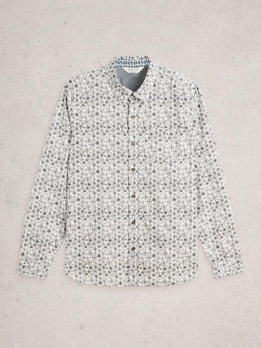 Finsbury Mono Bike Print Shirt in WHITE PR - FLAT FRONT