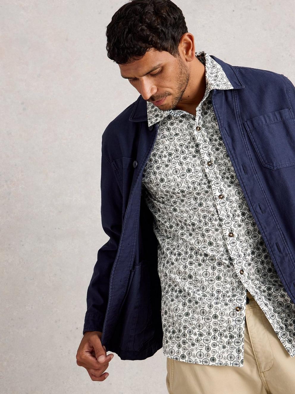 Finsbury Mono Bike Print Shirt in WHITE PR - LIFESTYLE