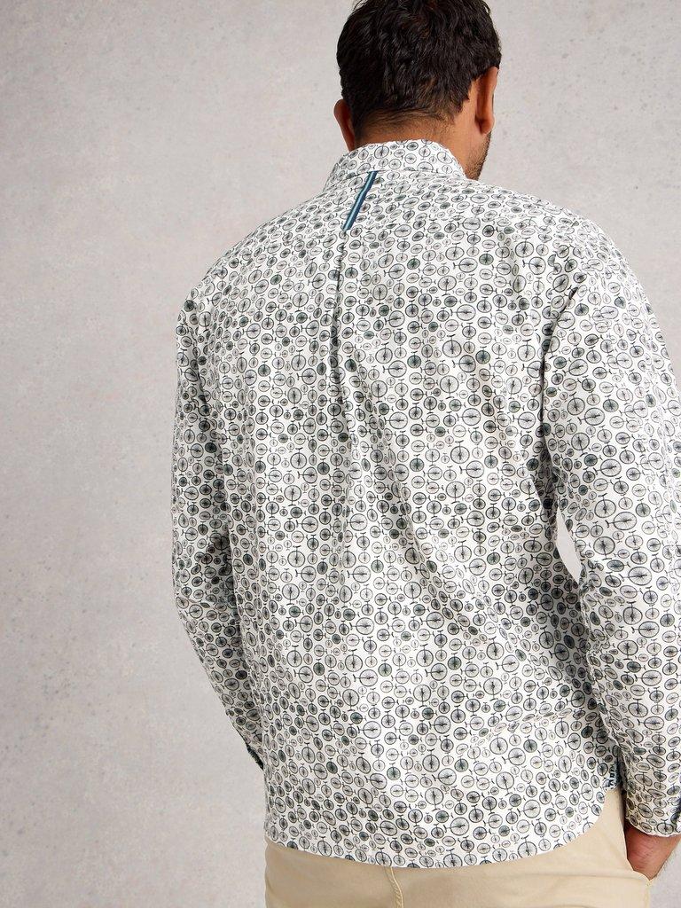 Finsbury Mono Bike Print Shirt in WHITE PR - MODEL BACK