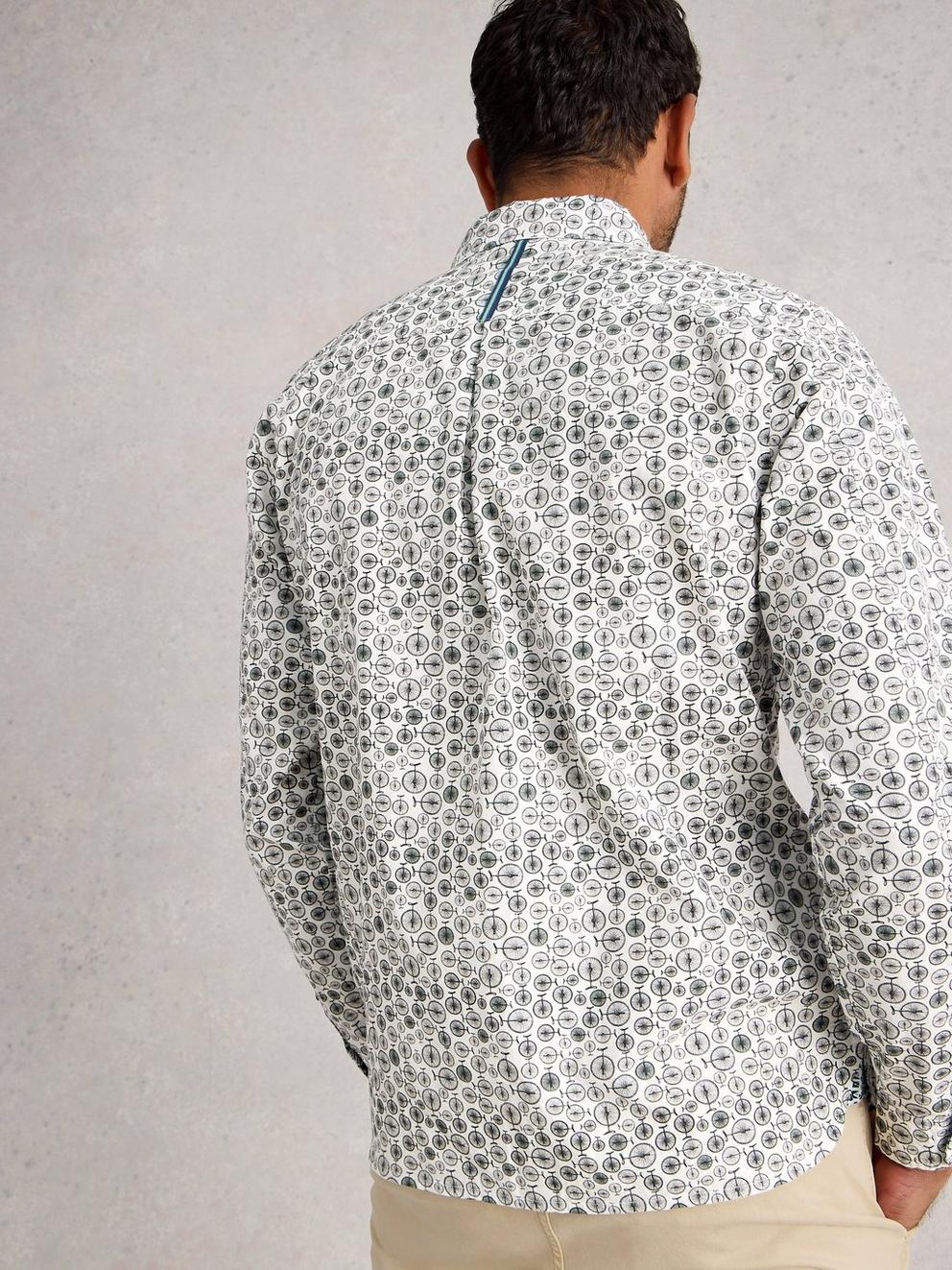 Finsbury Mono Bike Print Shirt in WHITE PR - MODEL BACK