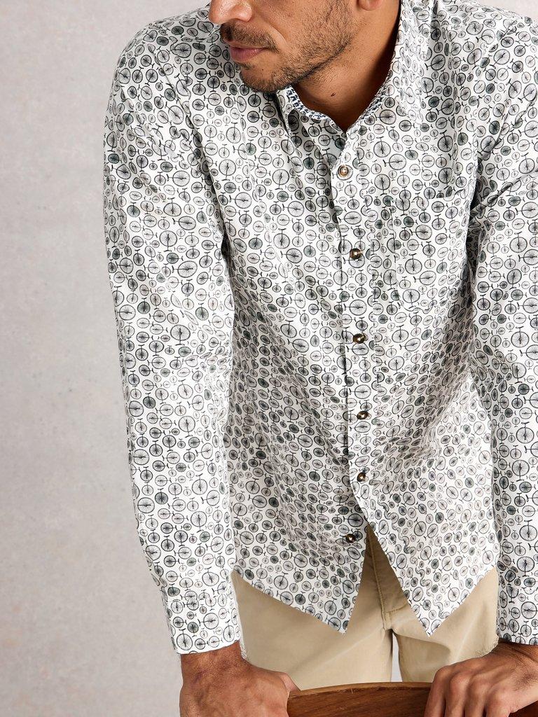 Finsbury Mono Bike Print Shirt in WHITE PR - MODEL DETAIL