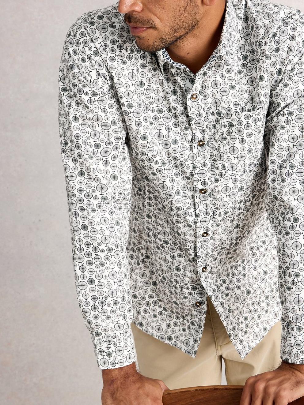 Finsbury Mono Bike Print Shirt in WHITE PR - MODEL DETAIL