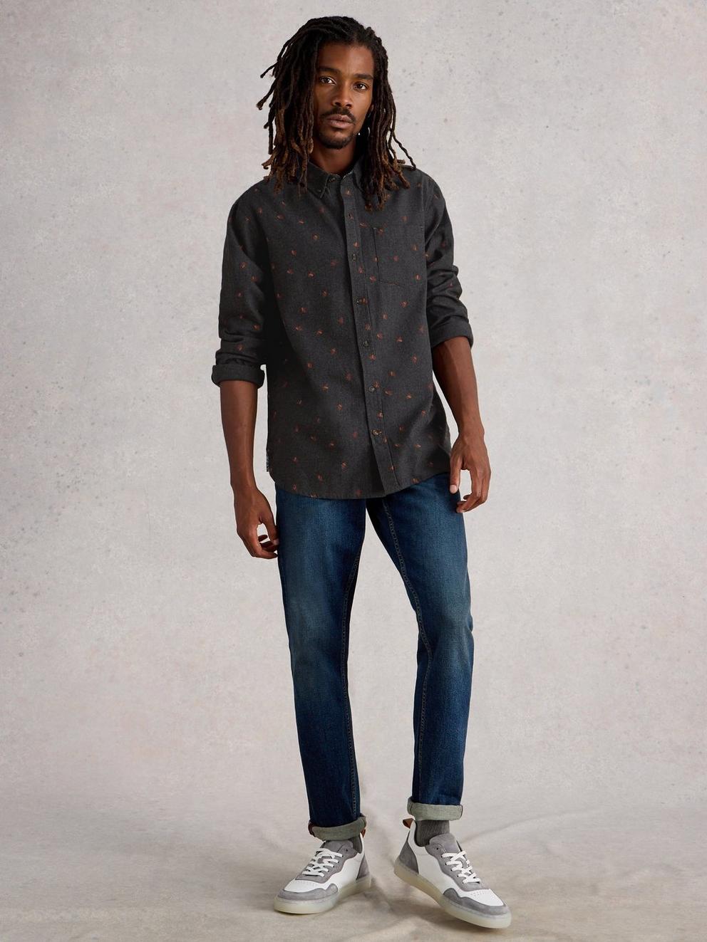 Finsbury Fan Print Shirt in CHARC GREY - MODEL FRONT